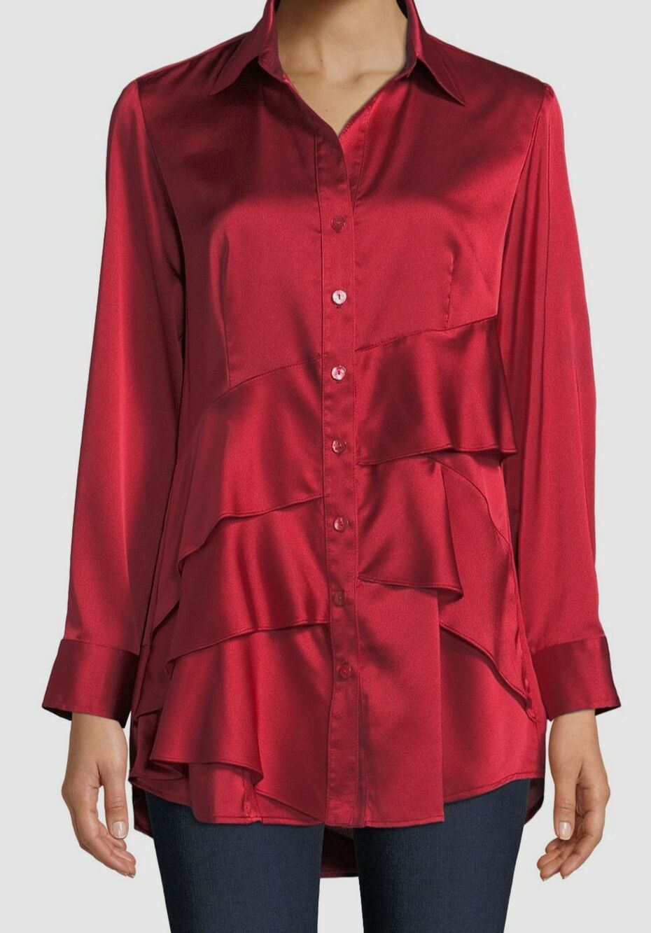 FINLEY Jenna Red Satin Ruffle Tiered Button Down Tunic Blouse Shirt Size XL